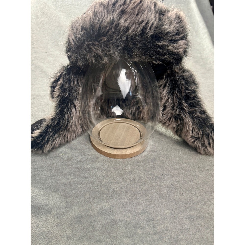 Wild Wear Black Faux Leather Trapper Hat Grey Faux Fur Aviator Cap OSFM